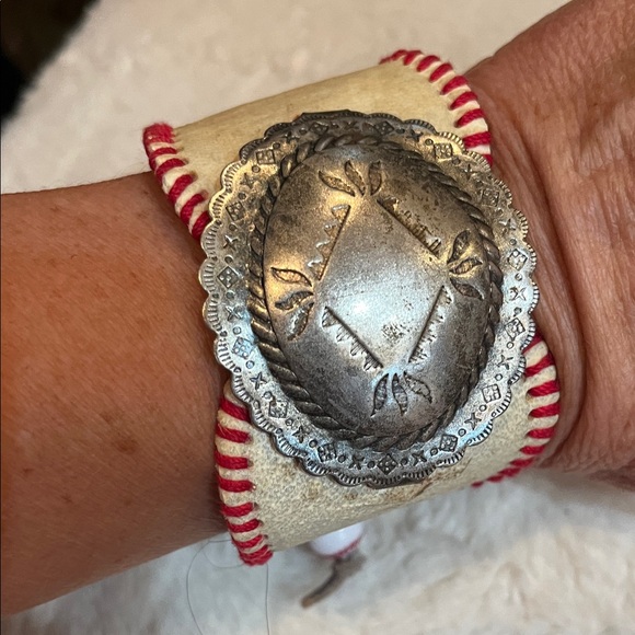 Jewelry - Baseball leather Silver and Cream Cuff Bracelet
